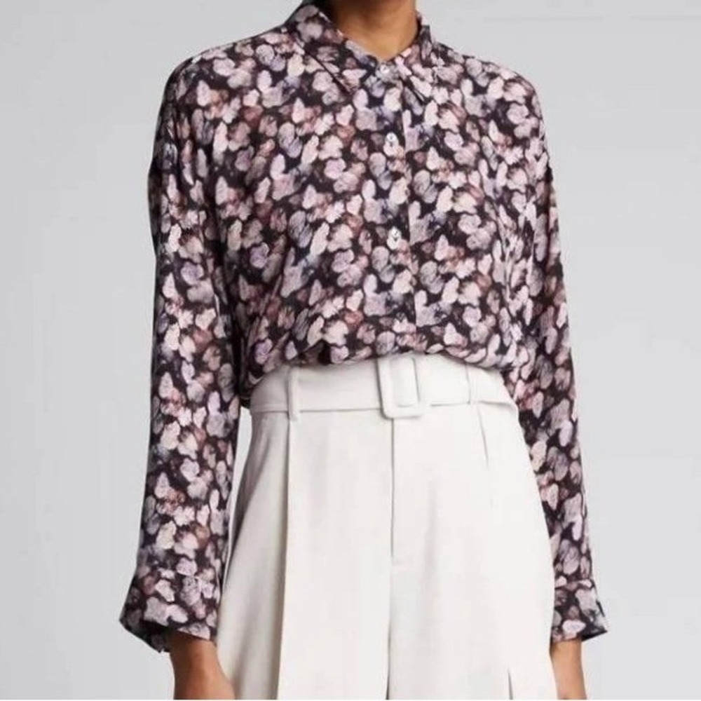 Vince Silk Blouse XL Micro Painted Floral  Black Violet Long Sleeve Top Like New
